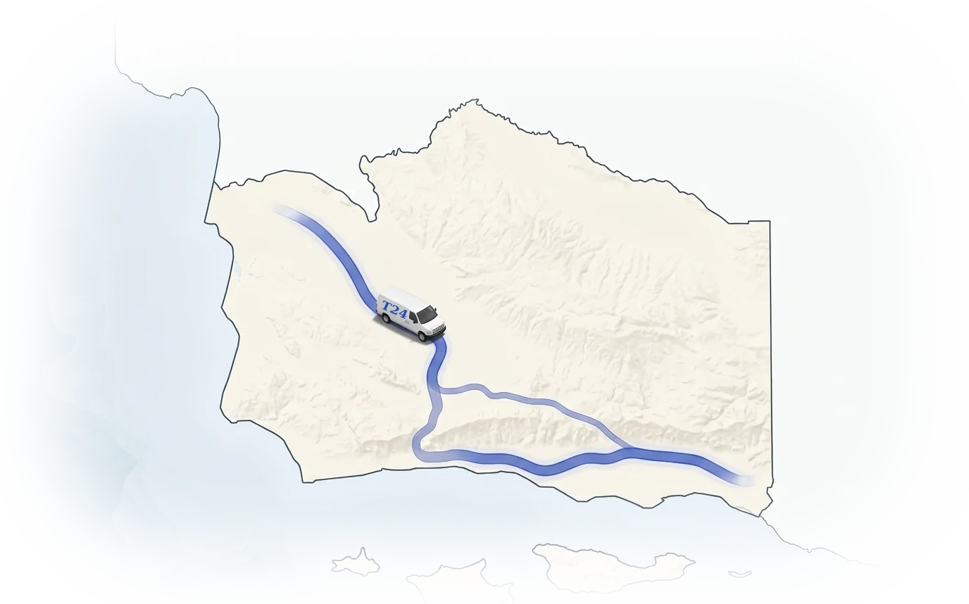 Relief map of Santa Barbara County showing the Highway 101 corridor from Santa Maria south to the coast, with a T24 Testing service van on the route.